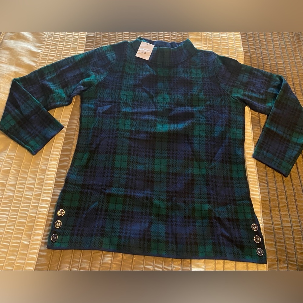 Appleseeds - NEW - Black Watch Plaid Mock Turtleneck with side button detail. L - Picture 6 of 11